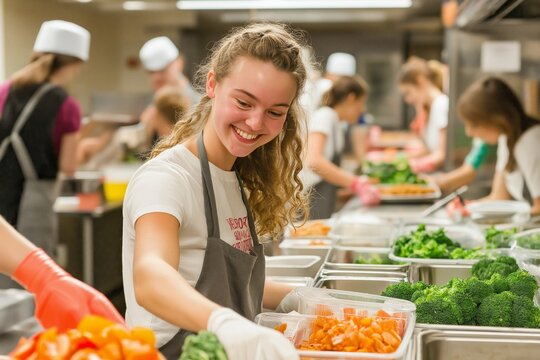 School kitchen staff member engages students in preparing leftover food for donation while packing healthy meals into containers