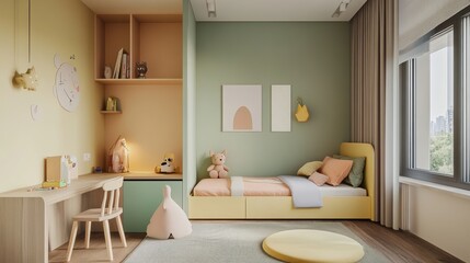 Fototapeta premium Warm and inviting kids' bedroom with minimalist pastel furniture, a functional wooden desk, and a comfy small bed