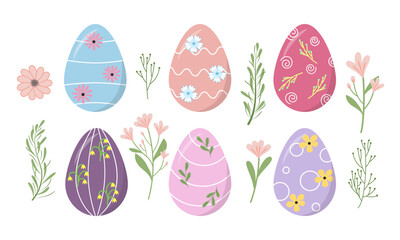 Pastel Easter Eggs with Floral Elements, Hand-Drawn Holiday Illustration for Seasonal Decor