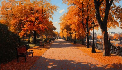 Naklejka premium Autumn scene Park path covered in fallen leaves, buildings in the background