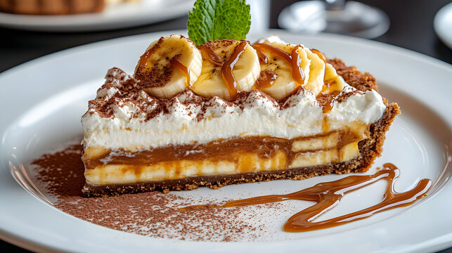 Luscious banoffee pie showing layers of biscuit, banana, caramel, and cream