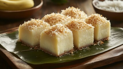 Close-up of the texture of steamed banana coconut cake with shredded coconut on top, served on a banana leaf