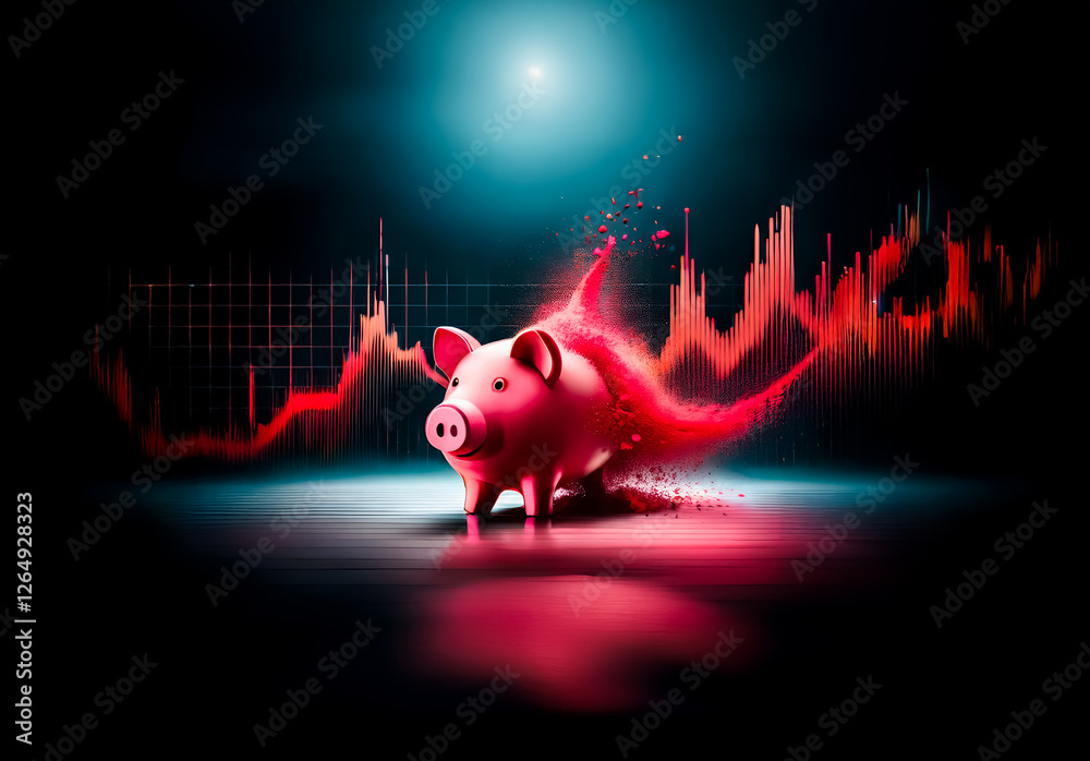 Poster A pink pig figure stands illuminated by a spotlight before a red graph with flames emanating behind it, set against a dark backdrop.