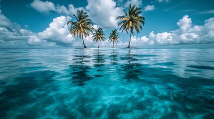 Tropical Paradise: Palm Trees Reflected in Turquoise Water Under Cloudy Sky