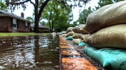 Flood Protection  Sandbags   Rising Waters on Suburban Street