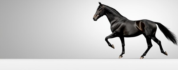 Obraz premium Majestic Black Horse Trotting Gracefully Against Minimalist Gray Background in Studio Setting