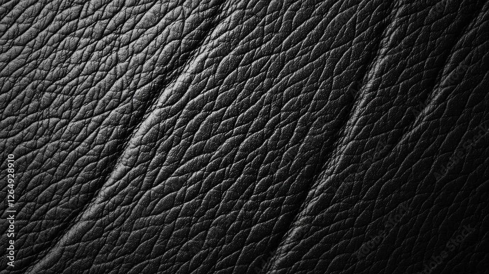 Poster close-up view of textured black leather surface with natural grain patterns and wrinkles for fashion