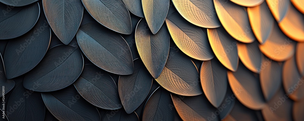 Poster Abstract close-up of textured leaf shapes in shades of gray and gold with a soft light gradient