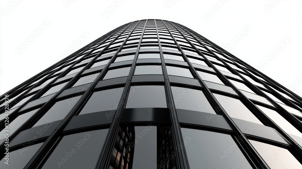 Aufkleber Modern Skyscraper with Glass Facade and Abstract Architecture from Low Angle View on Clear Background
