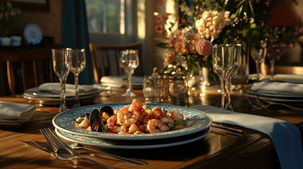 Cozy seaside-inspired dining scene with a ceramic bowl of seafood stew, featuring shrimp, mussels, and calamari in creamy garlic sauce