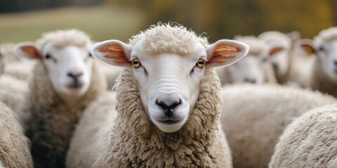 Flock of sheep grazes peacefully in a rustic farm setting alive with nature. Detailed closeup of brown and white sheep herd. Concept of sheep farming and herding. Open-air sheepfold. Farmhouse