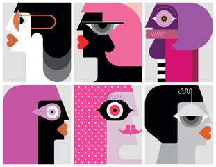 Six modern art portraits of different adults, vector illustration.