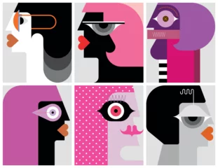 Six modern art portraits of different adults, vector illustration.