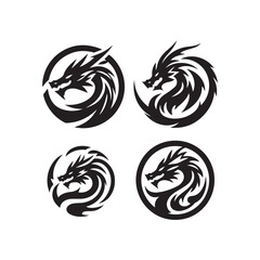 Set black and white dragon silhouette illustration