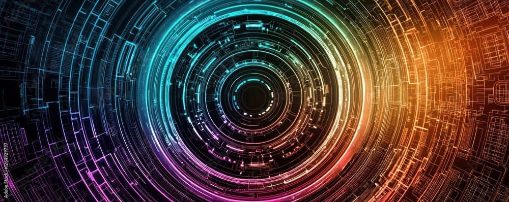 Poster Abstract Circular Design with Colorful Lines and Digital Patterns Representing Technology and Innovation