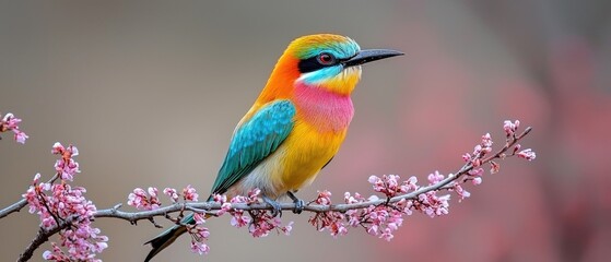 Fototapeta premium A colorful bird perched on a branch with pink blossoms in the background.