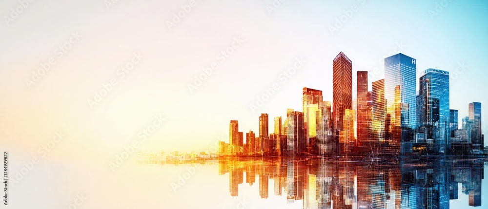 Aufkleber stunning sunrise reflection of a metropolitan skyline in urban environment with modern architecture 