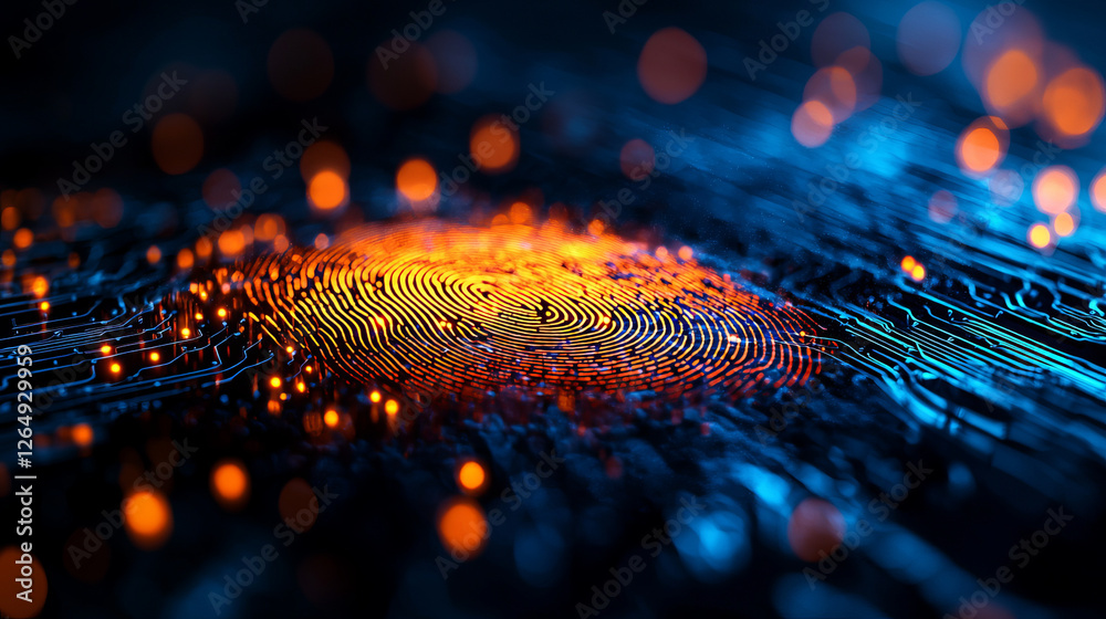 Wall mural glowing fingerprint symbolizing digital identity and security in technology