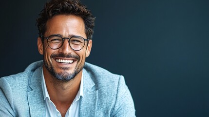 Fototapeta premium Happy Man Smiling Wearing Glasses and Blazer