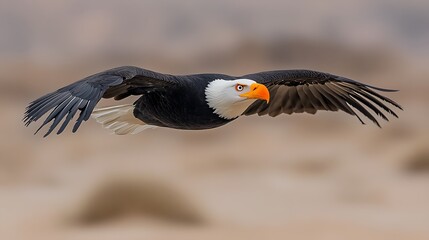 Fototapeta premium Majestic Bald Eagle Soaring Through the Air with Powerful Wings Spread
