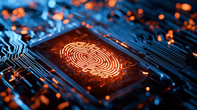 glowing fingerprint on circuit board symbolizes digital security and identity