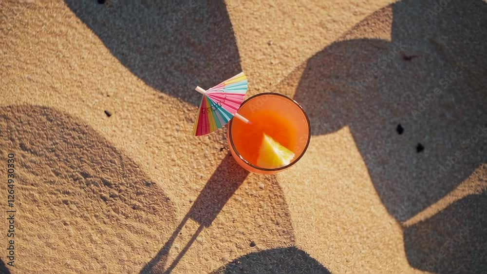 Poster orange cocktail with a colorful umbrella sits on a sunlit sandy beach, casting a playful shadow, cap