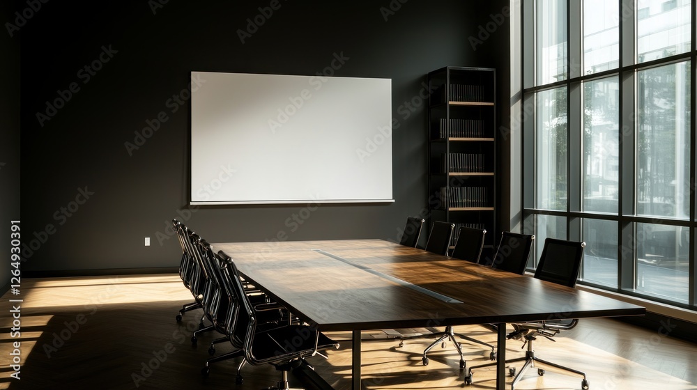 Poster modern conference room with large window and empty whiteboard prepared for business meeting or prese