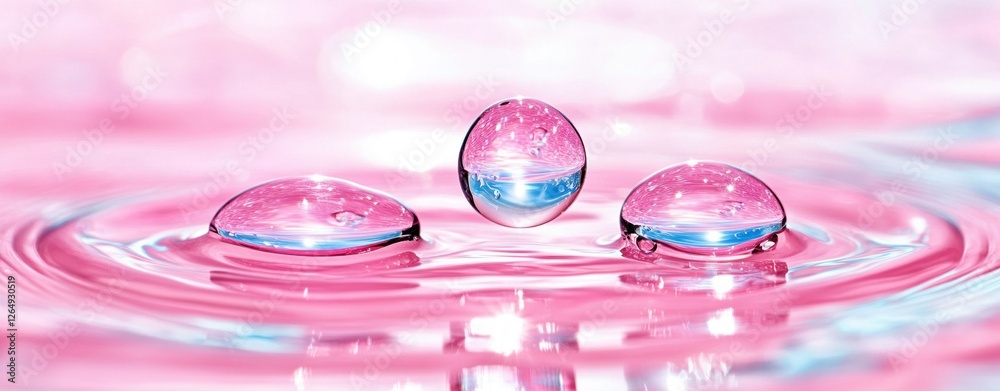 Poster vibrant pink water droplets on smooth surface with reflective ripples and soft background lighting