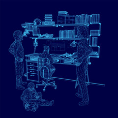 A group of people are standing around a desk with bookshelves behind them. Scene is casual and relaxed, as the people are gathered together in a comfortable setting © German Ovchinnikov