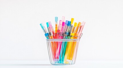 Obraz premium Set of assorted colorful disposable electronic cigarettes in heaps in supermarket grocery shopping basket isolated on white background. Copy space.