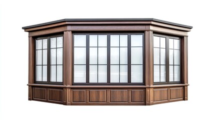 Octagonal bay window, home exterior, white background, architectural design
