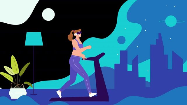 Flat vector animation demonstrating the potential of virtual reality, showing characters interacting with 3D virtual objects, traveling through digital environments, and experiencing virtual worlds.