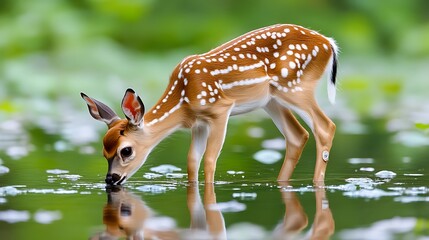 Adorable White-tailed Deer Fawn Drinking from a Pond