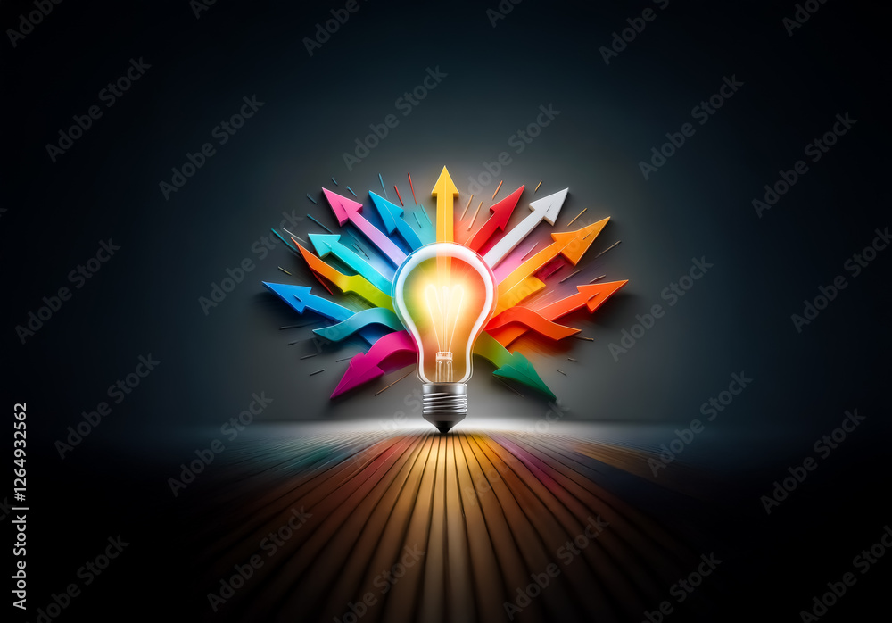 Poster A bright lightbulb radiates ideas, represented by colorful arrows pointing outwards, symbolizing innovation and multiple directions in a dark setting.