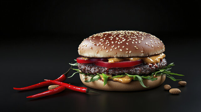 Delicious cheeseburger with sesame bun, fresh vegetables, and chili peppers
