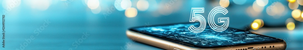 Poster smartphone with 5g network signal over blue background highlighting advanced mobile communication te