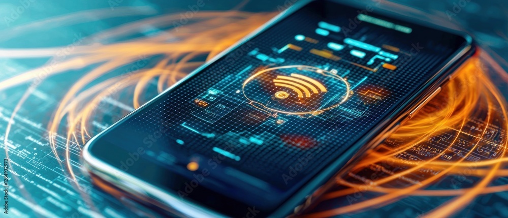 Poster Futuristic Smartphone Displaying Wireless Signal and Data Metrics on Abstract Digital Background