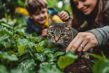 A cute tabby cat in a garden with a woman and a boy, surrounded by green leaves, creating a cozy and natural scene, capturing a moment of family bonding.