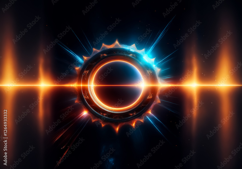 Leinwandbilder A glowing circular object with spiked edges radiates vibrant orange and blue light against a dark backdrop, creating a dynamic and abstract design.