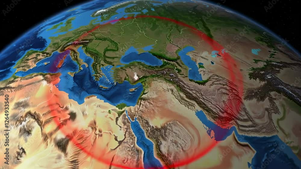 Poster Seismic waves gradually spreading from middle eastern epicenter, revealing global impact through animated visualization tracking natural disaster progression across world map surface