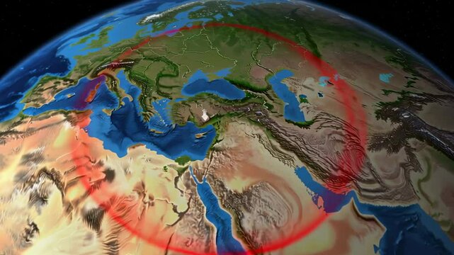 Seismic waves gradually spreading from middle eastern epicenter, revealing global impact through animated visualization tracking natural disaster progression across world map surface