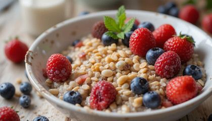 muesli with berries, A vibrant and colorful smoothie yogurt bowl, topped with fresh berries like raspberries or blackberries and nuts
