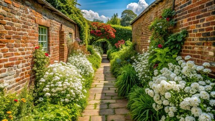 English Cottage Garden Stone Path to Brick Wall AI Photo