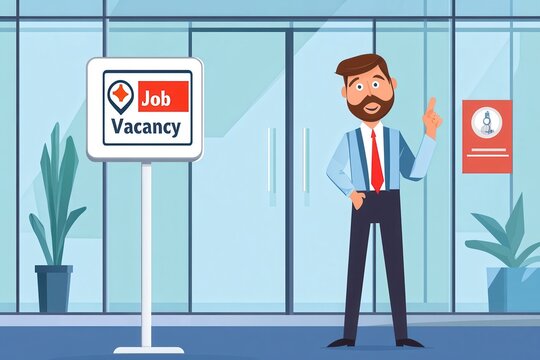Businessman Standing Near Job Vacancy Sign in Modern Office