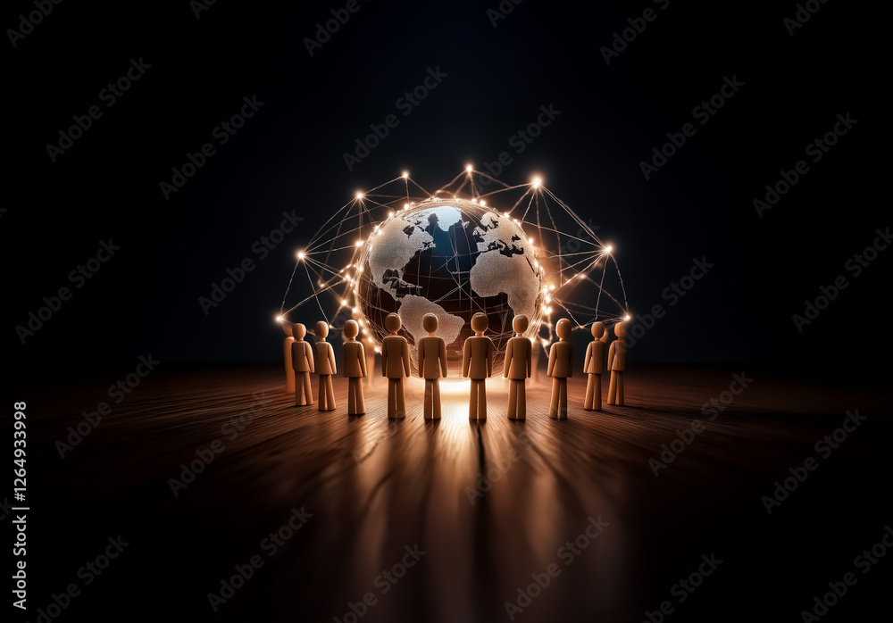 Poster Illuminated globe encircled by connected figures, symbolizing global network and unity.  Bright lights on dark background represent connection and technology.