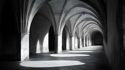 Sunlit Gothic Arcade: Monochromatic Architectural Photography