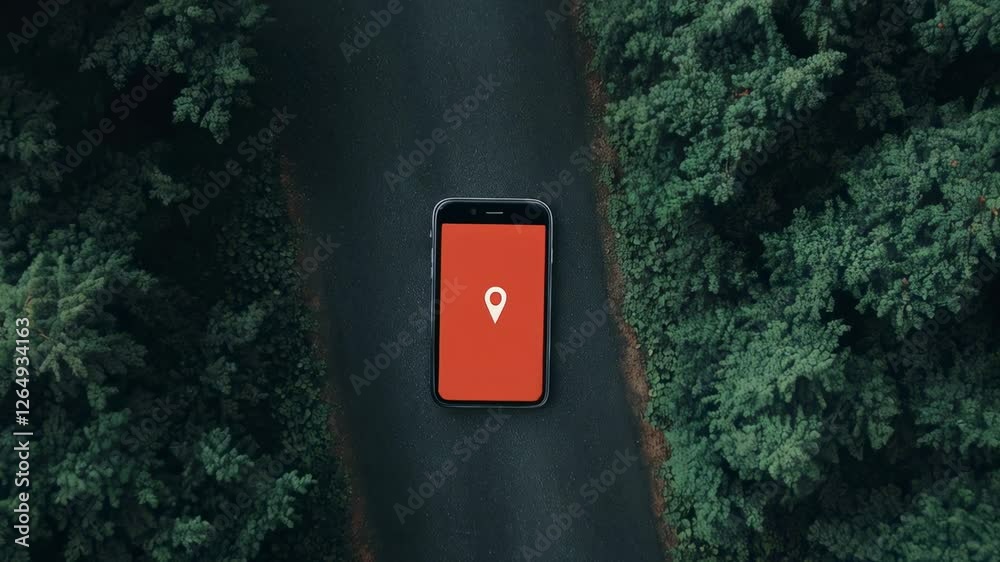 Poster navigating digital landscape through lush forest, mobile gps tracking current location on smartphone