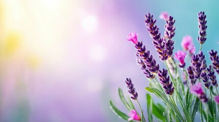 Obraz premium Lavender Dreams: A delicate bouquet of lavender blossoms graces a soft, pastel background, bathed in warm, gentle sunlight. The delicate lavender blooms create a sense of peace and serenity.
