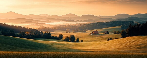 Fototapeta premium A serene landscape featuring rolling hills, green fields, and distant mountains, illuminated by a warm, golden sunrise.
