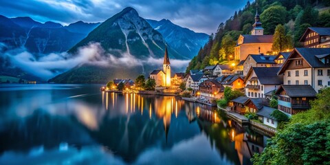 Fototapeta premium Hallstatt Austria Night Photography - Low Light Lakeside Village Scene